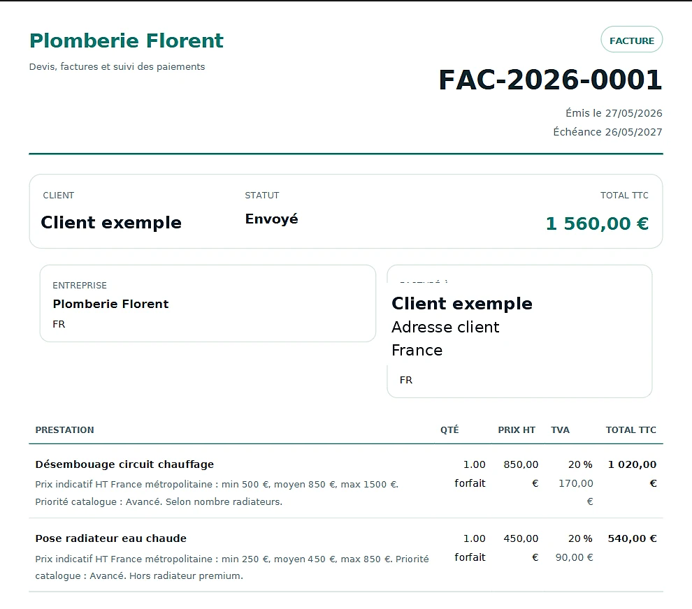 Exemple de facture PDF générée par Factisan avec numéro, client, prestations, TVA et total.